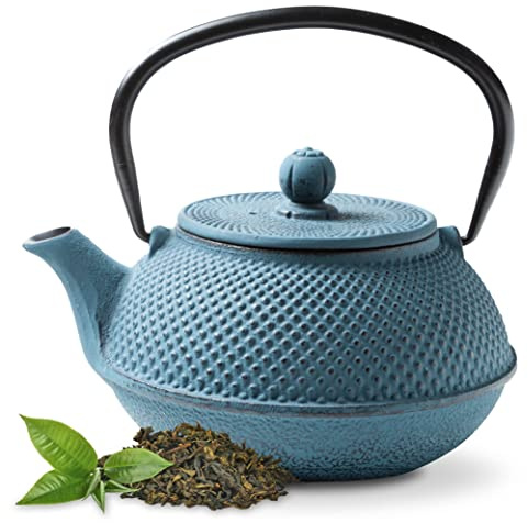 Tealøv Arare TEIERA IN GHISA Smaltata – Teiera Ghisa di Alta Qualità - Con Infusore in Acciaio Inox – Design Elegante, Per Preparare Ottimo Te – Bollitore in Stile Giapponese (800 ml, Blu)