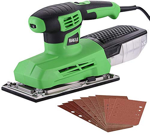 Bakaji Orbital-Schleifmaschine, Leistung 300 W, einstellbare Geschwindigkeit, 6000 – 12000 U/min, integrierter Staubbehälter, Staubbehälter, 23 x 11 cm, mit 10 Schleifblättern