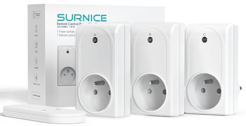 SURNICE Prise Programmable Telecommande sans Fil, 3 Prises Électriques et 1 Télécommande, Portée 80M, Fonction All on All Off, 230V, 1 Piles CR2032 Gratuite