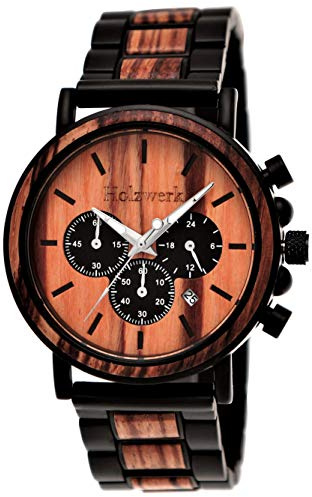 Holzwerk Germany Montre design pour homme fabriquée à la main - En bois naturel - Chronographe - Analogique - Marron blanc et noir - Pierre marbrée - Date - Cadran en bois, marron, Bracelet