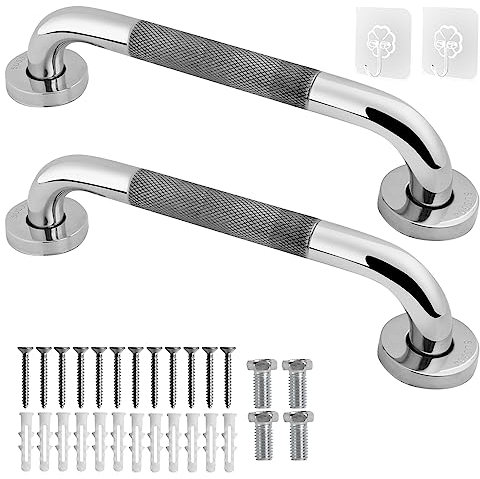 2 Pack Anti Slip Shower Grab Bar Handle, Happybase 12 inch Stainless Steel Bathroom Grab Bar, Knurled Bath Balance Bar, Safety Hand Rail Support, Handicap Elderly Senior Assist for Bathtub,Toilet