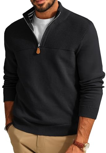 PaulJones Arbeitspullover Herren Strickpullover Sweater Herren mit Reissverschluss und Stehkragen Schwarz XL