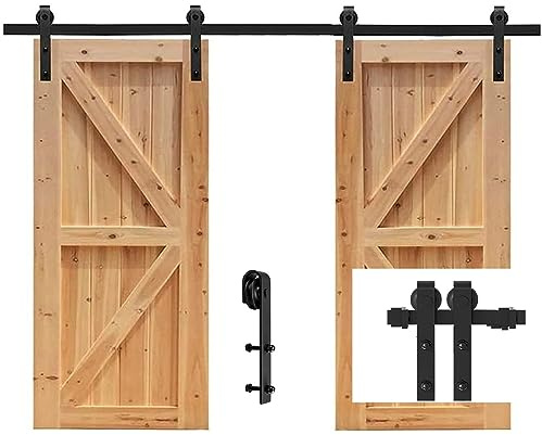 Betensh 9.6FT=293cm Herraje para Puerta Corredera Kit para puerta doble Accesorio con Guía de Suelo Ajustable,Central Rueda J-forma Sistema de puerta corredera