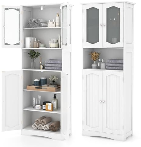GIANTEX Armadio Alto da Bagno con Ante in Vetro Temperato, Ripiani Regolabili, Kit Anti-Ribaltamento, per Bagno, Soggiorno, Sala da Pranzo e Cucina, 60x30x164 cm (Bianco)
