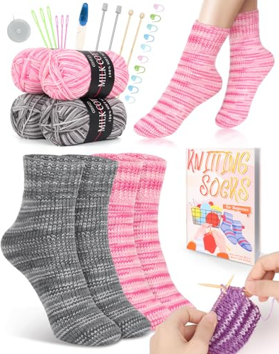 Reessy Knitting Kit for Beginners Adults, 4Pcs Socks Knitting Starter Kit for Adults Learning to Knit Include Step-by-Step Instruction Book 2 Pairs Knitting Needles and Soft Yarn Balls
