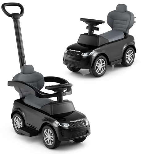 Licensed Landrover Push Car for Toddlers by INFANS, 3 in 1 Sliding Walking Car with Push Handle, Horn, Music, Underneath Storage, Foot-to-Floor Ride on Toys for Boys Girls (Black)