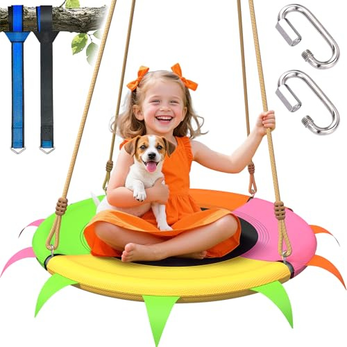 Saucer Swing for Kids Outdoor - 400lb Heavy-Duty Tree Swing with Adjustable Straps & Ropes, Weather-Resistant Outdoor Seat (Child-Safe, Vibrant Colors)