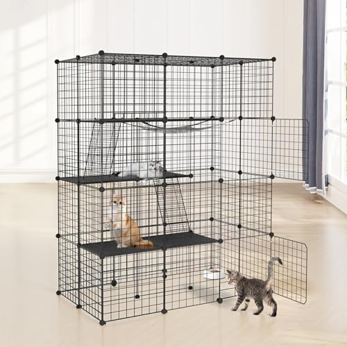 UISEBRT Jaula para gatos de metal, para exteriores e interiores, con hamaca extraíble, 2 escaleras y 2 puertas, caja para gatos de 4 plantas, caja para gatos de bricolaje como jaula de entrenamiento