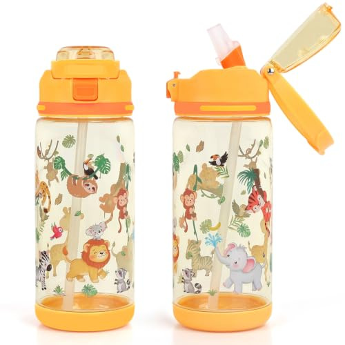 Decalsweet Kids Water Bottle With Straw, 600ml Animal Bottle For Kids | Leakproof Kids Drinks For School Travel Hiking, Tritan Childrens Bottle Lightweight Sport Bottle For Kids,Animal