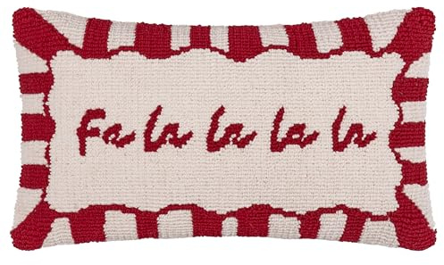 furn. Cuscino imbottito in poliestere Candy Fa La La - Cuscino decorativo natalizio trapuntato con slogan testurizzato e bordo a righe di caramelle (rosso/bianco - 30x50cm)