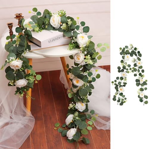 ZenyTra Ghirlanda di fiori artificiali, 180 cm, con rose bianche ed eucalipto, per matrimoni, giardini, feste, decorazione della casa, decorazione per la casa, resistente alle intemperie (bianco, rose