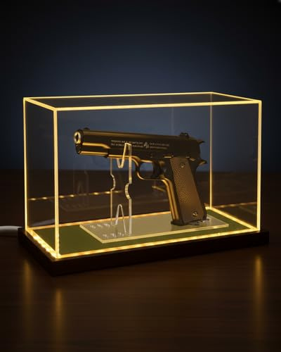 Premium Acrylic Pistol Display Case with Amber Yellow LED Light, Solid Wood Base & Built-in Stand | UV Resistant Pistol Display Box for Gun Collector, Fits Most Pistols - 12 x 5.3 x 7.5