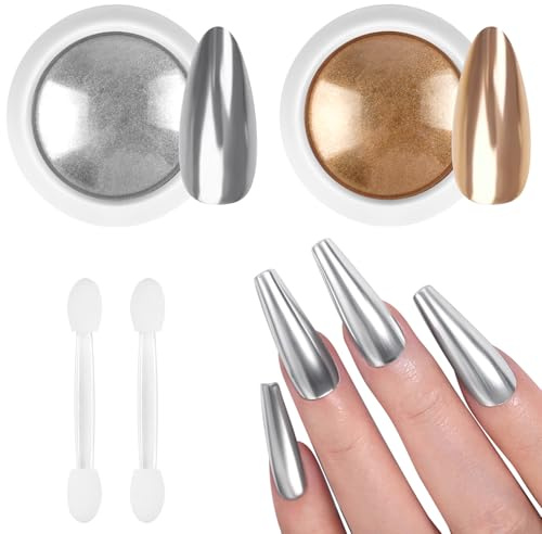 BUTBU 2 Cajas Efecto Espejo Uñas Polvo, Polvo de Uñas de Cromo, Efecto Espejo Uña-s Dorado, Pol-vo Uñ-as Efec-to Perlado, para Decoración de Uñ-as Manicura Nail Art(Cobre + Plata Brillante）