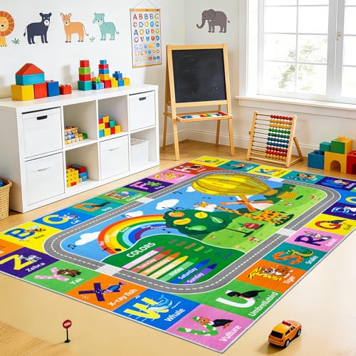 Kids Rug for Playroom, 4x6 ABC Educational Carpet for Classroom,Non Slip Washable Play Mat with Alphabet Numbers Seasons Animal Color Fruit, Kids Area Rug Classroom Carpet Nursery Toddler Room Decor