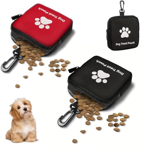 FOSDICK 2 PCS Small Dog Treat Bag, Treat Pouch for Dog Training with Zipper, Puppy Treats Pouch Hand-Free with Carabiner for Pet Puppy Walking, Travel or Outdoor Use (Black, Red)