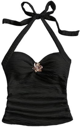 Awinclo Women's V Neck Halter Tops Open Back Y2k Ruched Floral Metal Summer Going Out Cami Tops