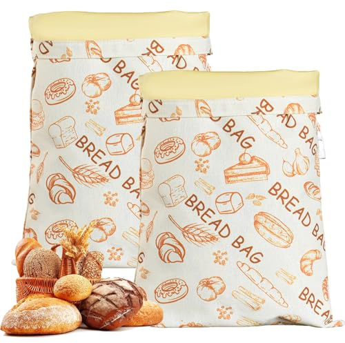 2 Pack Extra Large Beeswax Bread Bags, Wide Zipper Access Cotton, Reusable Beeswax Food Storage Bags with Zipper, Portable Cotton Food Storage Bag for Home Bakers to Keep Fresh (B)