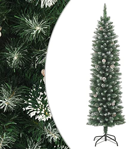 sephironlbb Konstgjord julgran, smal, 210 cm med stativ, PVC-gran snötäckt med kottar, verklighetstrogen för vardagsrum advent, flamskyddad, vikbar, perfekt för inomhusbruk