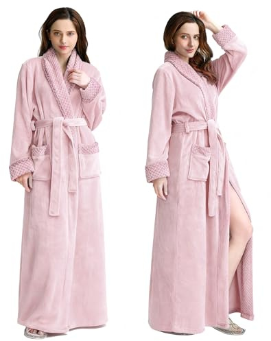 Oksun Bata larga de forro polar de felpa para mujer: bata de baño cálida de franela, abrigo de invierno de longitud completa, camisón suave y acogedor para dormir, Rosado, XL