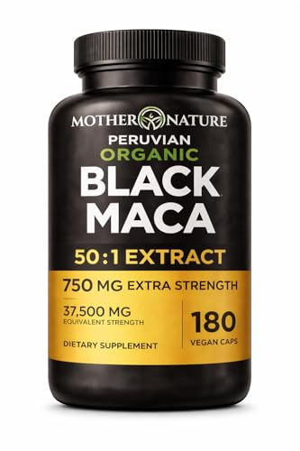 Black Maca Root 50:1 750mg – 180 Capsules Organic Peruvian Maca Peruana Supplement for Men | High Potency Energy, Mood & Performance Support | Vegan, Non-GMO