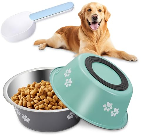 Hundenapf Edelstahl 2 Stück, 1560 ml Metall Rutschfester Futternapf Hund mit Silikonboden, Wassernapf Fressnapf Napf mit 1 Futterschaufel für Große, Mittlere Hunde