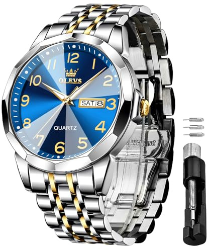 OLEVS Blue Watch for Men Luxury Dress Analog Quartz Silver Stainless Steel Waterproof Luminous Date Diamond Business Two Tone Casual Wrist Watch