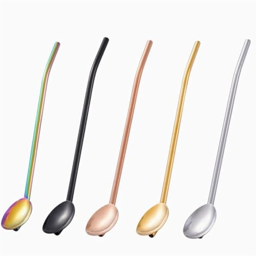 PBENO Cuchara Paquete de 5 cucharas de café, Cuchara de Paja, Cuchara Reutilizable de Acero Inoxidable Multiusos, Cuchara for Beber, Cuchara for Beber café para familias/Fiestas/restaurantes