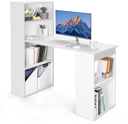 SFAREST Computer Desk with Storage Shelves, 110/122cm Home Office Workstation with 4/6-Tier Bookshelf, Modern Writing and PC Laptop Study Table for Kids Teenagers Adults(White,122 x 52 x 120cm)