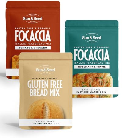 Sun & Seed Gluten-Free Bread & Focaccia Mixes 3 x 300g – Rosemary & Thyme, Tomato & Oregano, Classic Loaf – Organic Ingredients – Easy to Bake – Vegan-Friendly – Soft Texture – Perfect for Sharing