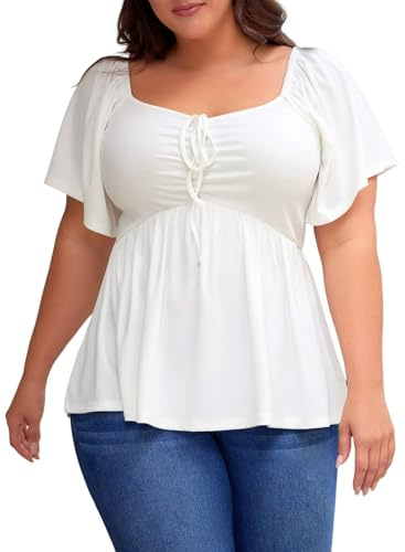 Eytino Plus Size Tops for Women Sweetheart Neck Short Sleeve Summer Loose Peplum Blouse Shirts Sping Clothing,3X White