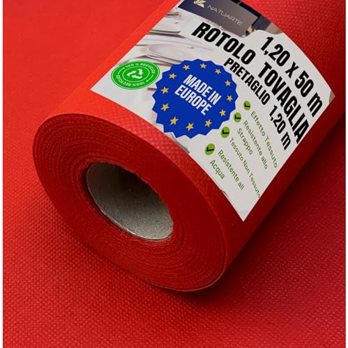 NATUARTE, Tovaglia in Rotolo TNT, 1.20 m x 50 m, Tovaglia Usa e Getta, PRETAGLIO invisibile ogni 1,20 m, Effetto tessuto, Celebrazioni Compleanni Eventi, Colore Rosso 1.20x50m
