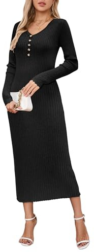 OUGES Women's Wool Blend Stretchy Button Maternity Photoshoot Baby Shower Dress Semi-Formal Bodycon Sweater Dresses(Black,L)