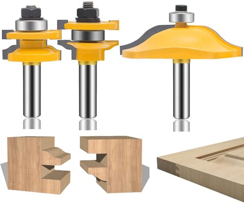 MAYLINE 1/2 Inch Shank Tongue and Groove Router Bit Tool Set 3PC Rail Stile Wood Panel Milling Cutter, Cabinet Door Drawer Router Bits Woodworking for Router Table/Base Router(Gold)