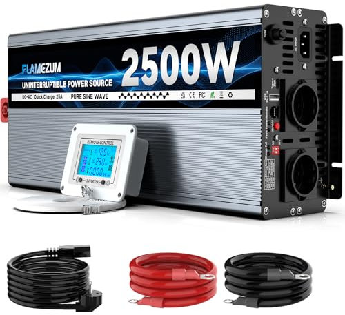 2500W Wechselrichter 12V auf 230V Reiner Sinsus Spannungswandler mit Netzvorrangschaltung,25A-Ladefunktion,USV,Fernbedienung,Notstromversorgung,Automatische Schaltung zwischen Stromnetz und Batterie