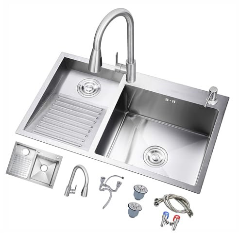 Edelstahl-Doppelwaschbecken mit Waschbrett und ausziehbarem Wasserhahn, leicht zu reinigen, 80 x 48 x 22 cm