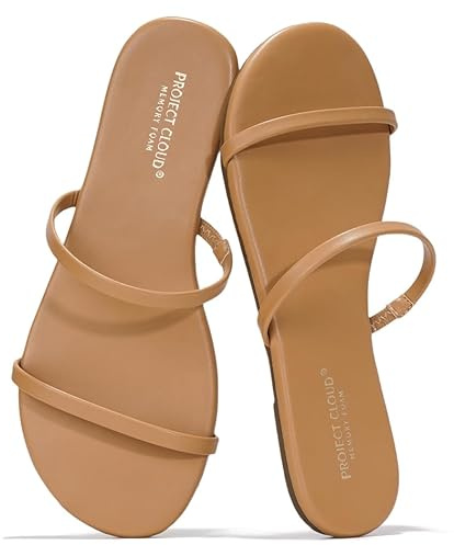 Project Cloud Summer Sandals for Women 2026 - Memory Foam Insole and Eco-Crafted Leather Beach Flip Flops for Women - Non Slip and Lightweight Double Strap Womens Sandals(Transition,TAN, 9)
