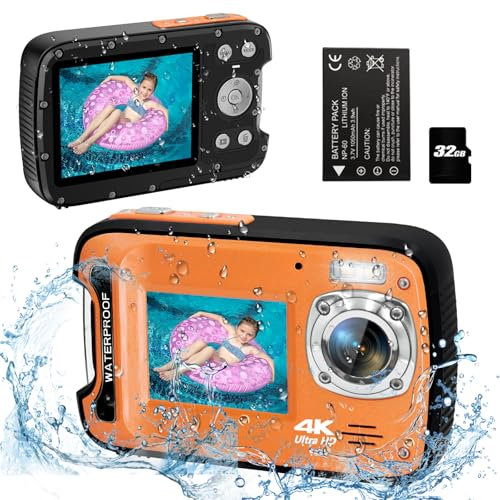 4K 48MP 17FT Waterproof Camera for Snorkeling,Underwater Camera Dual Screen Auto Focus Digital Camera with 32GB Card,18X Zoom Fill Light Compact Cameras