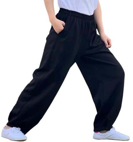 Kids Martial Arts Kung Fu Pants with Pockets Elastic Waist Yoga Tai Chi and Wing Chun Loose Bottoms Black