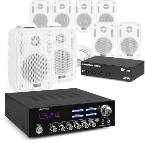 Power Dynamics 4-Zone Multi-Room Audio System with Bluetooth Amplifier, White Weatherproof Wall Mount Speakers & Cable Kit for Home or Commercial Use (8x 3 Inch Speakers)