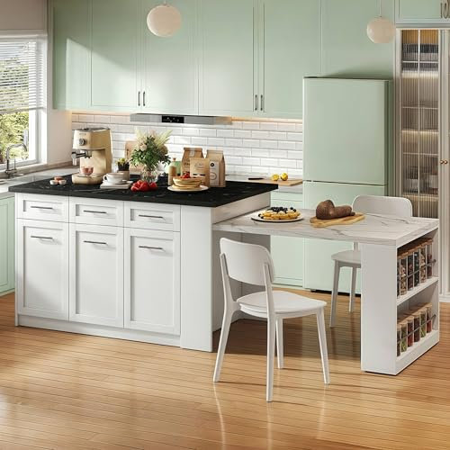 Îlot de cuisine multifonctionnel avec table à manger extensible blanche de 150+96 cm,armoires de rangement intégrées,plan de travail table en bois marbré noir blanc,idéal pour les cuisines familiales