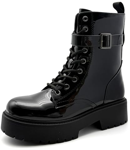 SLIWIUY Women's Chunky Heel Black Patent Leather Combat Boots, Ankle Booties with Side Zipper & Lace-Up Detail – Stylish, Edgy & Comfortable (Black, US Footwear Size System, Adult, Women, Numeric, Medium, 10)