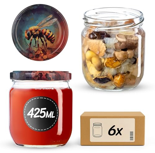 KADAX Tarros de conservas de 425 ml, con tapa de rosca fi82, tarros con tapón de rosca, tarros de conserva, tarros de conserva, tarros para mermeladas, conservas, miel (abeja miel, 6 unidades)