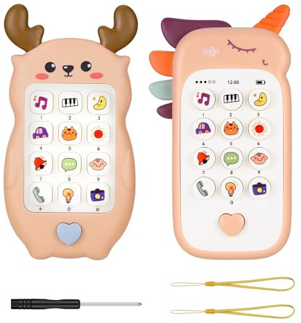 Starvortex Kids Toy Phone 2PC, Educational Baby Musical Toys for 1 Year Old Girls Boys with 2 Modes, Teething Baby Phone Toy ABS Silicone, Sound Toys for 1 Year Old Girl Gifts
