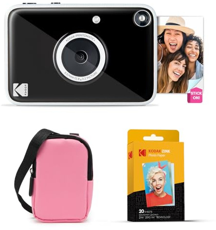 KODAK Printomatic+ 10MP Instantkamera Startpaket (Rosa) med Väska, RGB LED och Zink 20 ark Klisterpapper – Svart