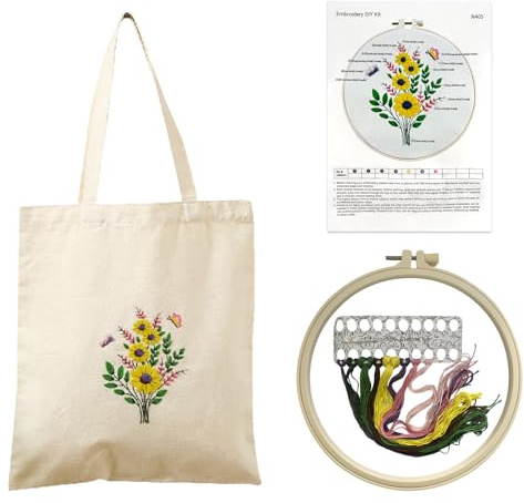 Canvas Tote Bag Kit de Broderie,Kit de broderie Sac en toile avec cerceau à broder, fils colorés et outils Convient aux adultes débutants et aux amateurs de broderie