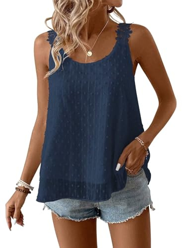 TUUHAW Debardeur Femme Débardeur sans Manche Été Col Rond Caraco Bohème | Fluide Floral Élégant Tank Top, Bretelles Lâche Plissé Bohème Chemise, Uni Caraco, Lâches Cami Hauts, Plissé Dentelle Blouse