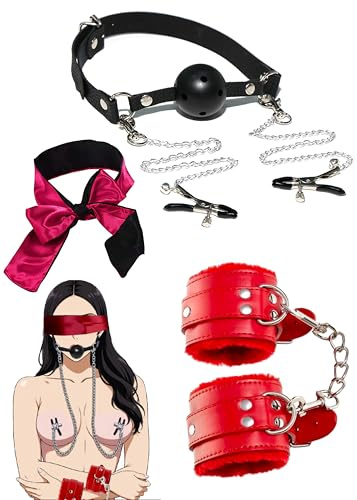 Couple Fluffy Handcuffs for Grownups, Adjustable Satin Eye Mask, Breathable Mouth Ball Plug - 3pcs Accessories Set
