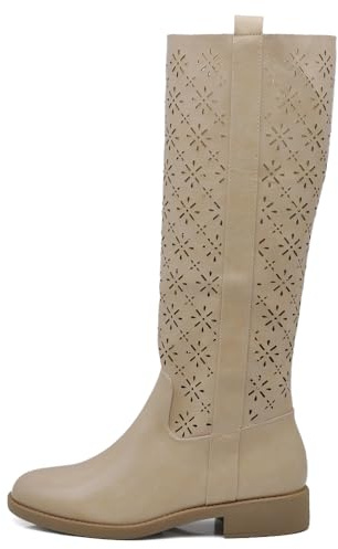 IF Fashion Stivali Alti da Donna Traforati al Ginocchio,Stile Biker Motociclista Primaverili Estivi JH22-20 beige N.39