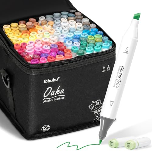 Ohuhu Alcohol Based Markers: 120-color AP Certificated Refillable Double Tipped Art Marker Set for Artist Designer Adults Coloring Illustration - Chisel and Fine Dual Tips - Oahu of Ohuhu Markers