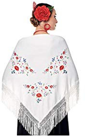 Châle Manille Chulapa Femme 【Taille adulte 150 x 60 cm 】[Couleur blanche] Déguisement Chulapas Châle Flamenco brodé Saint Isidro